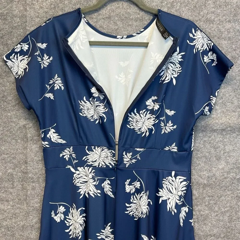HOMEYEE Dress Size 2XL Blue White Floral Round Neck Midi A-Line Pleated Swing - Picture 12 of 16